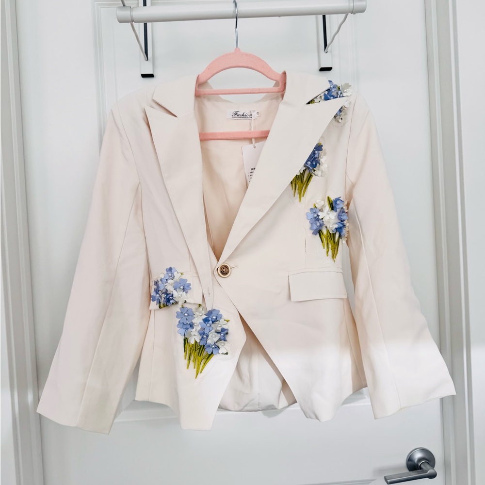Sachin + Babi Cream Blazer with Blue Floral Embroidery